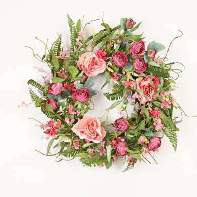 24" Artificial Farmhouse Spring Summer Blossom Cluster Greenery Foliage Rose Floral Wreath For Front Door