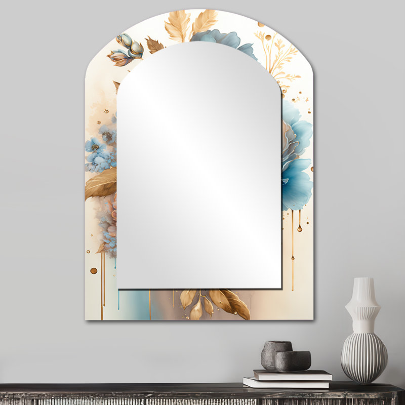 «Blue and Gold Mixed Floral Bouquet II», miroir asymétrique Bouquet, miroir mural unique arche bleue, impression d'art en métal