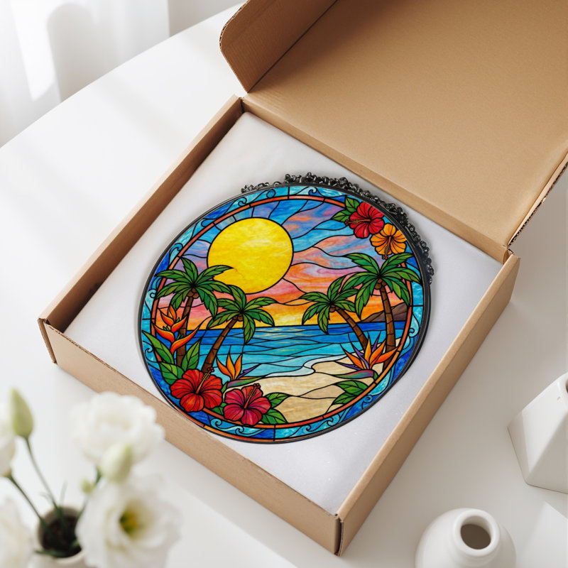 7.8"H Tropical Sunset Stained Glass Window Panel, 7.8" H x 7.8" W