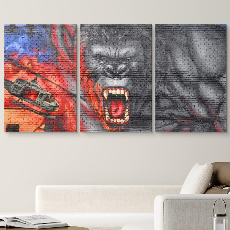 3 pièces King King et héliport triptyque, graffiti et villes d'art urbain, H 36 po x l 72 po x P 1,5 po