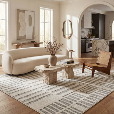 Rug Branch Linea 5' x 7' (5'3" x 7'1") Cream/Beige Striped Indoor Area Rug, Contemporary, Low Pile, Stain-Resistant Carpet - Living Room, Bedroom, Dining Room, and Kitchen