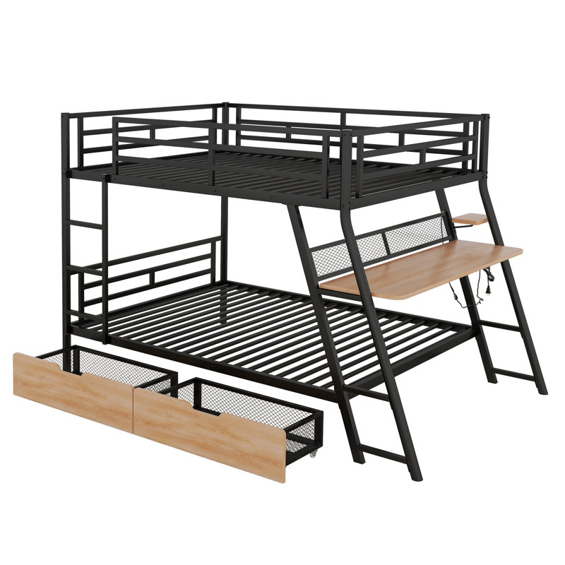 Lit superposé double en métal avec bureau intégré, lumière DEL et 2 tiroirs, structure de lit mezzanine noire peu encombrante