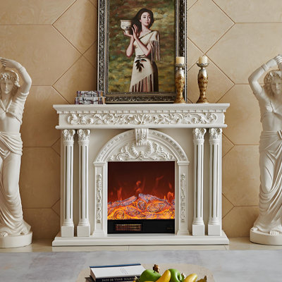 59.06"White Solid Wood Simulated Flame Electric Fireplace