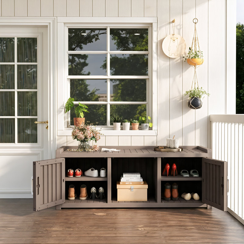 Armoire de rangement à chaussures en résine 46,86 "avec 2 portes et tablettes réglables (brun clair / gris)