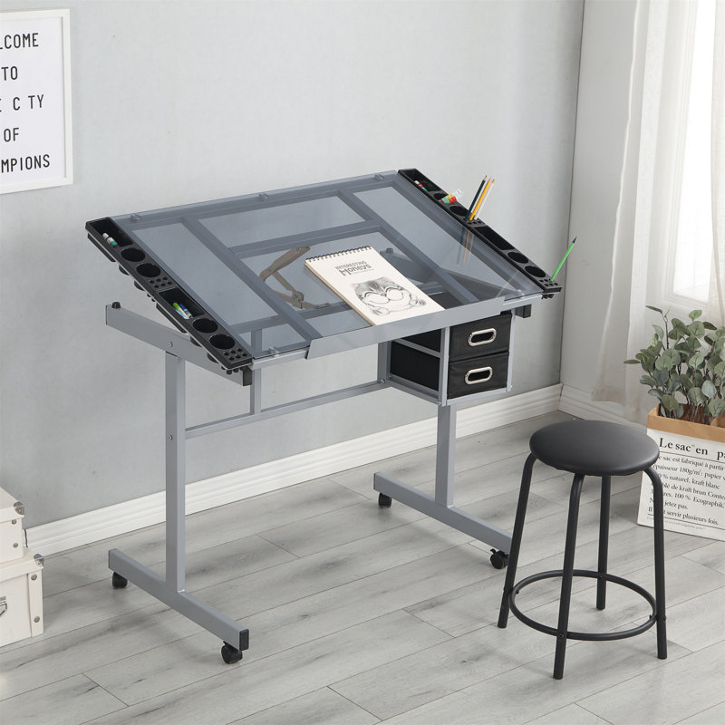 Tables à dessin à hauteur réglable Jaiyanna avec 2 tiroirs coulissants en tissu non tissé et 4 roulettes