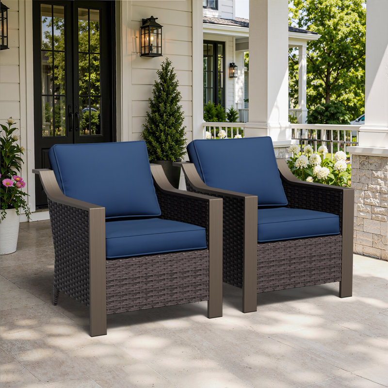 2-Piece All-Weather Wicker Patio Arm Chairs with Tufted Cushions, Fade Resistant, Blue