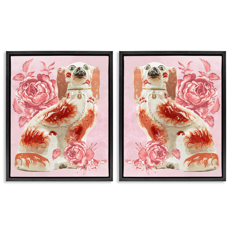 Ensemble de 2 figurines antiques sur toile flottante, design par Lil 'Rue, Cadre flottant noir de jais, H 21 po x l 17 po