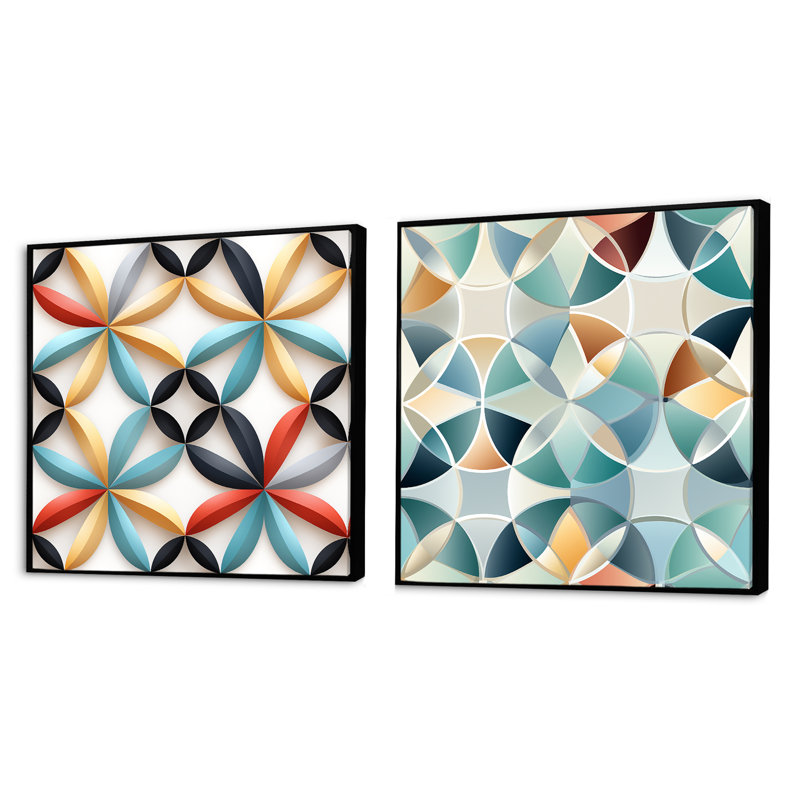 Ensemble de 2 mosaïques bleues et jaunes modernes - formes abstraites carrées, Cadre flottant noir, H 36 po x l 73 po