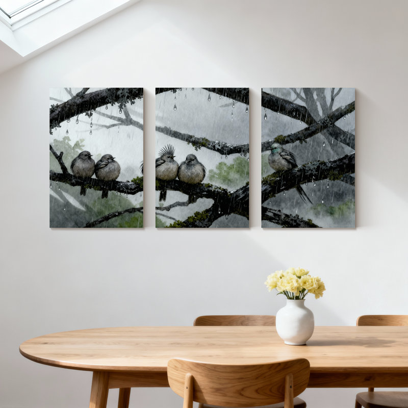 Oiseaux oiseaux perchés sur une branche par temps pluvieux, ensemble de 3 impressions sur toile, H 30 po x l 60 po
