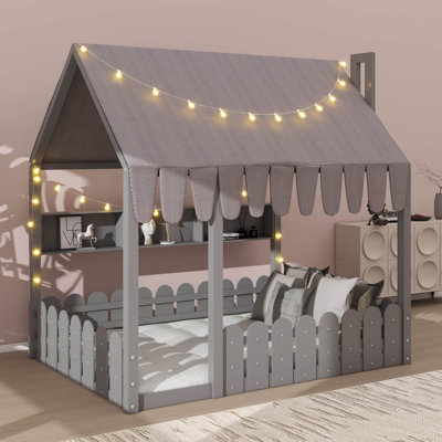 Lit pour enfants de style Montessori, avec barrière de sécurité, auvent, éclairage et trois compartiments de rangement