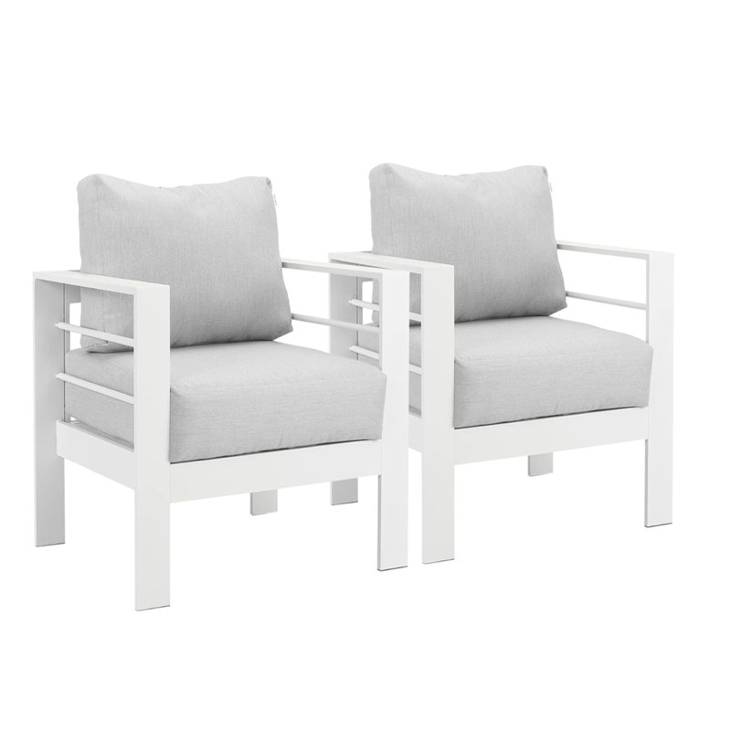 2-Pack 28" All-Weather Aluminum Patio Armchairs With Thick Light Gray Cushions & Black Frame, Gray, Black