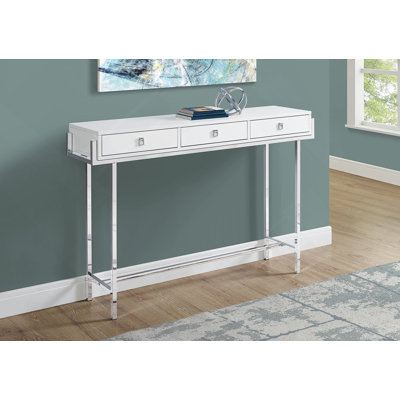 Table d'appoint, console, vestibule, étroit, canapé, tiroir de rangement, stratifié blanc brillant, métal chromé