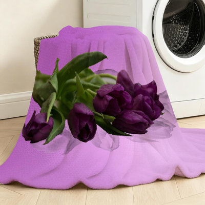 Jeté en molleton mauve ultra doux mauve, impression de tulipes sur le côté