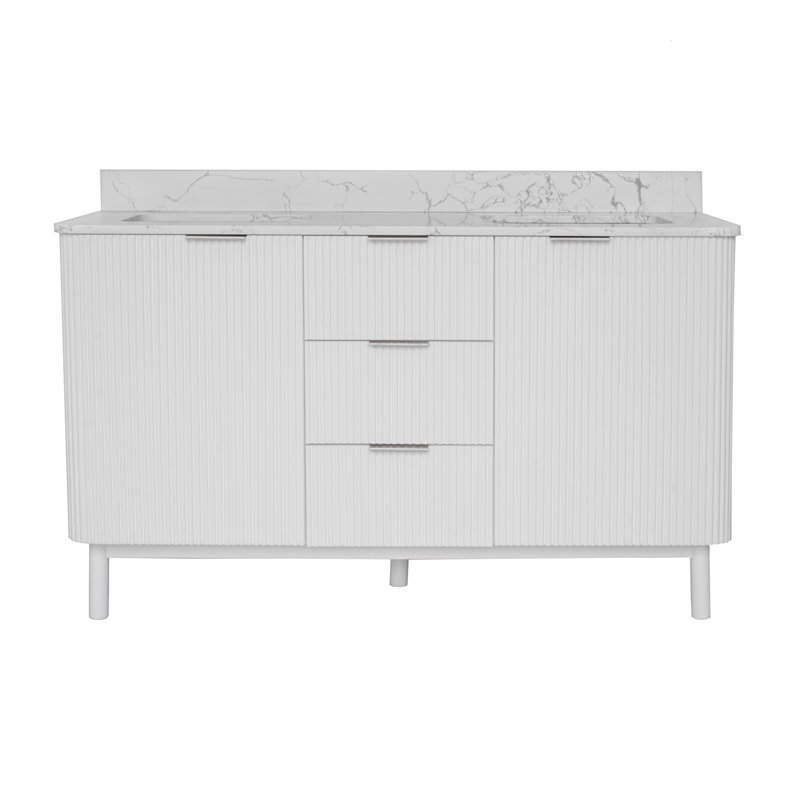 Meuble-lavabo double 60 po Belwood, Nickel brossé, Marbre d'ingénierie