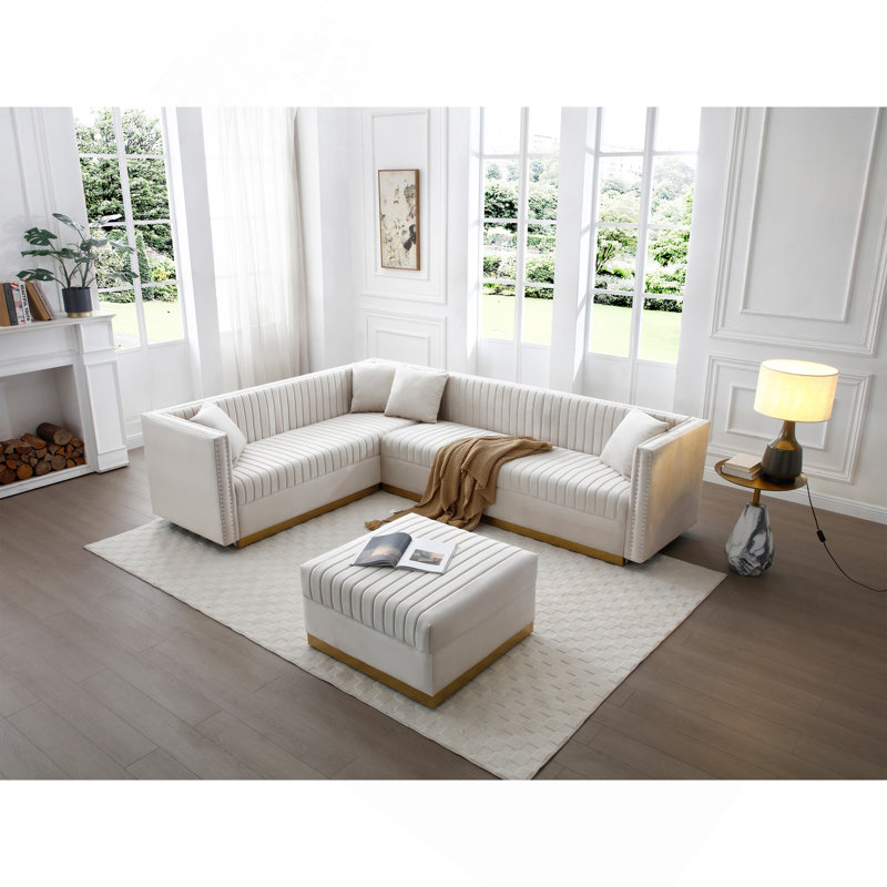 Canapé d'angle rembourré en velours capitonné Contemporary, Beige