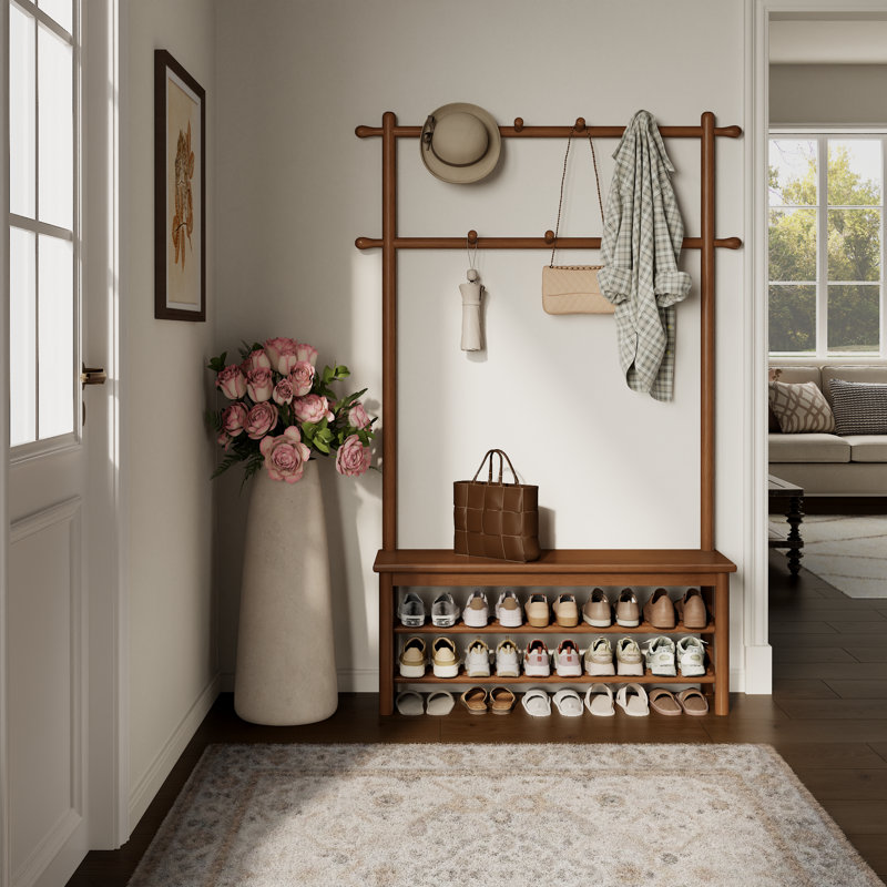 Porte-manteau Aaryahi en bois massif avec banc, rangement à chaussures et 11 crochets, organisateur d'entrée, 66.9" H x 44" W