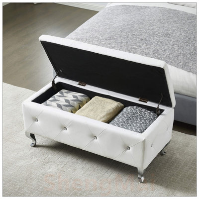 Elegant Faux Leather Upholstered Storage Ottoman Bench with Crystal Buttons for Bedroom and Living Room