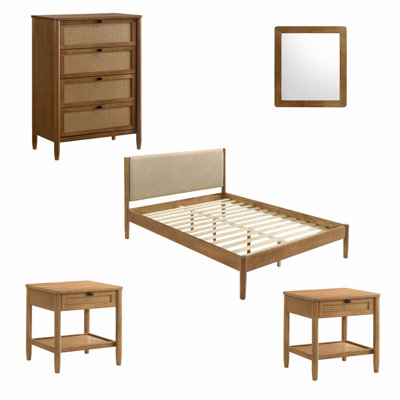 5-Piece Rubberwood Bedroom Set with Textured Polyester Upholstered Queen Bed, Dresser, Mirror, and 2 Nightstands
