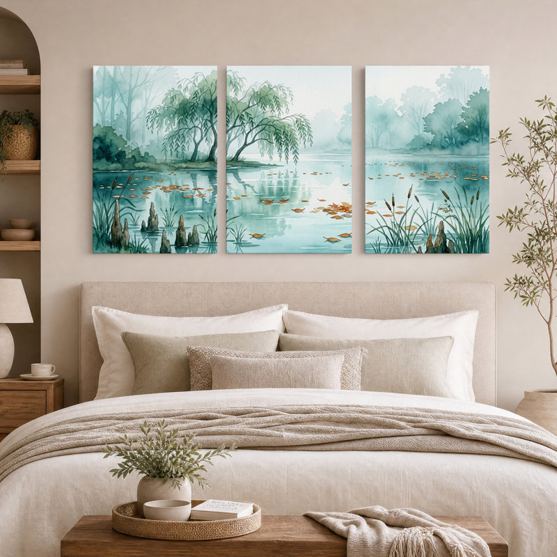 Ensemble de 3 toiles murales représentant un saule pleureur à l'aquarelle sur un étang turquoise, 36"H x 24"W x 3pcs