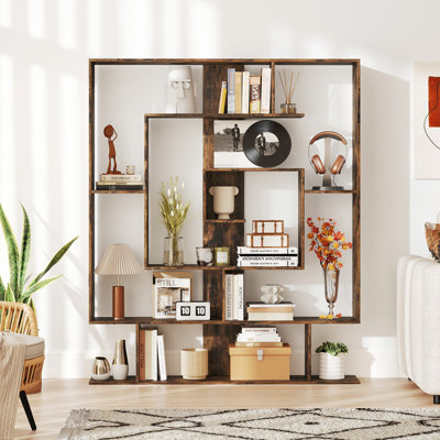 7-tier Bookshelf Geometric Bookcase With 2 Anti-tipping Kits Rustic Brown