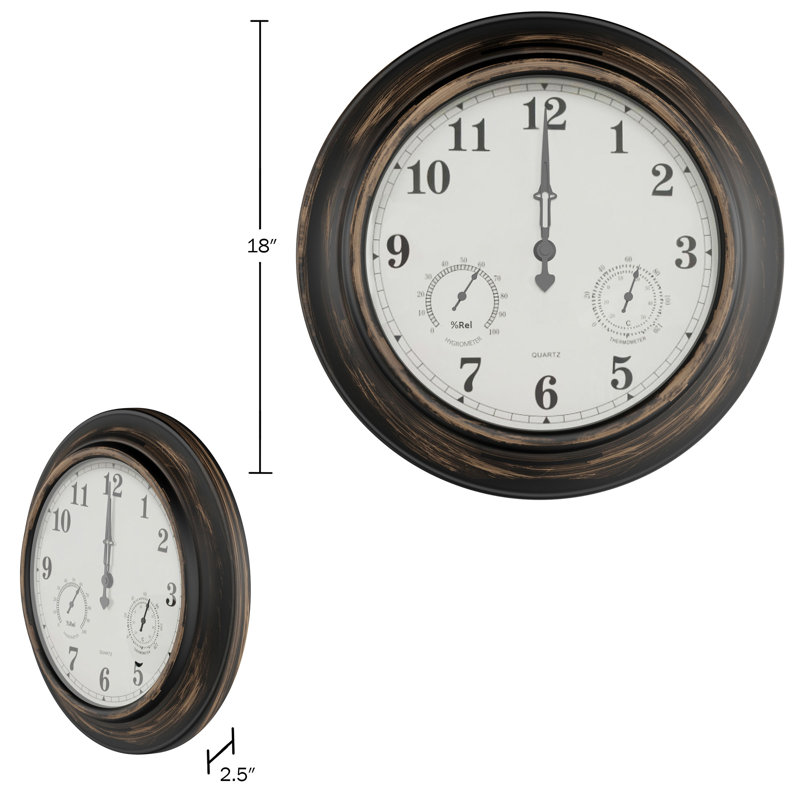 Combinaison de thermomètres d'intérieur et d'extérieur - Horloge murale imperméable de 18 pouces avec température et humidité - Horloge à quartz silencieuse à piles pour le patio ou la piscine de la salle de bain Pure Garden (bronze)