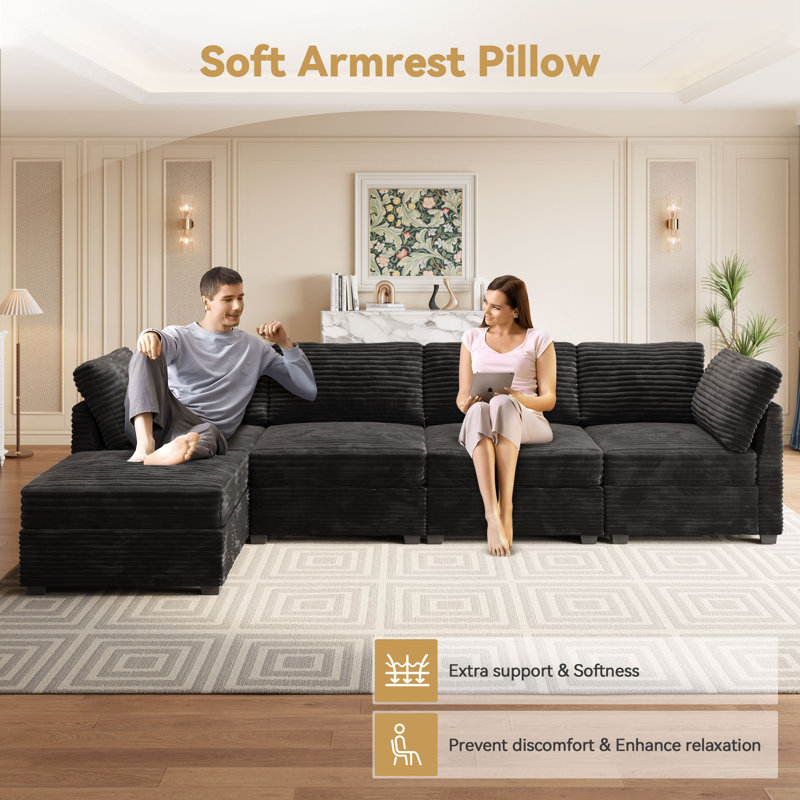 Cloudelle 5 - Piece Corduroy Fabric Sectional, Black Corduroy