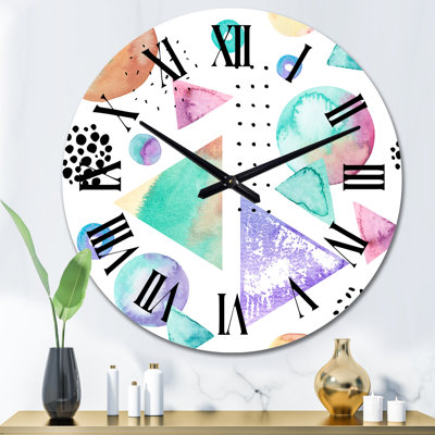 Retro Triangles Circles Polka Dots on White I - Patterned Wall Clock