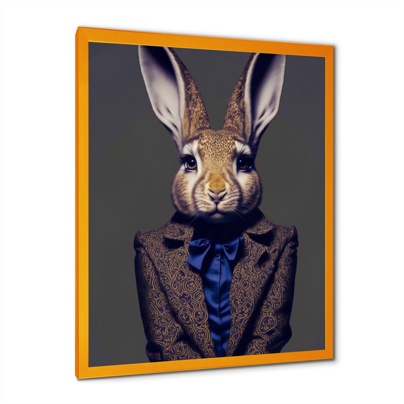 Fancy Rabbit In A Gray and Blue - Reproduction sur toile encadrée de lapin, Impression dorée sur toile encadrée
