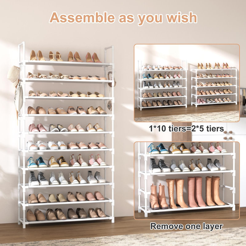 The 10 Tiers Shoe Rack Tall Large Capacity 50 Pairs Wide Shoe Organizer with Two Hooks, White
