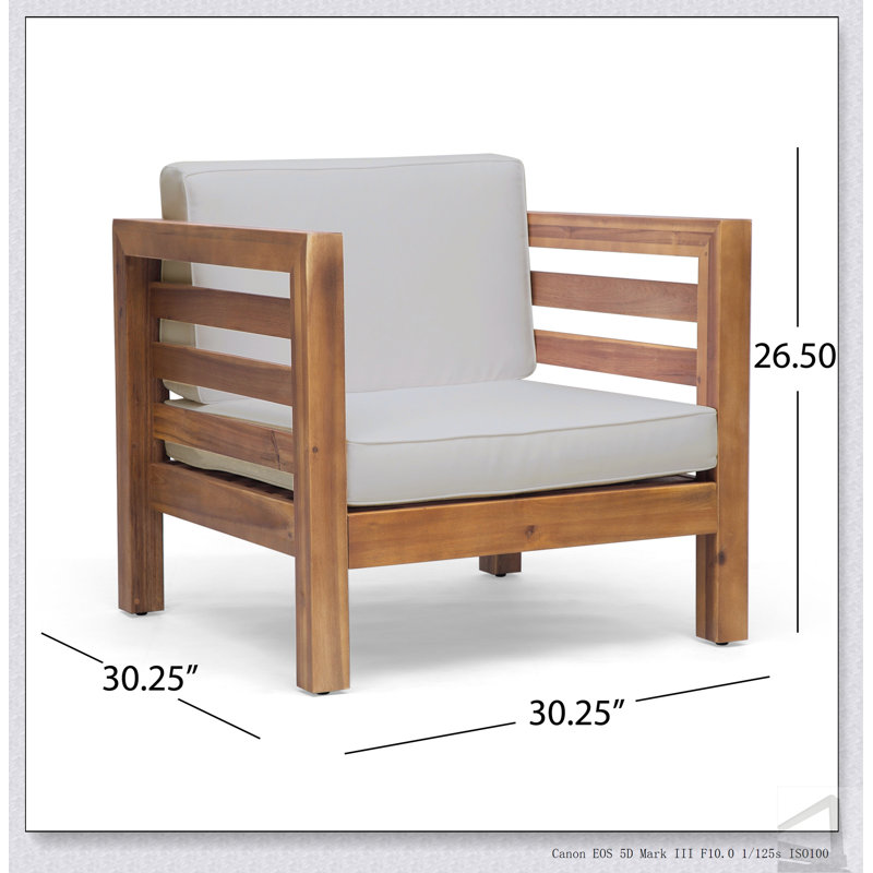 Fauteuil club d'extérieur moderne Mid-Century Oana avec structure en bois d'acacia durable et coussins chagrin confortables