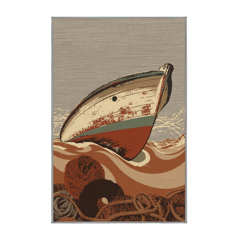 Machine Washable Vehicles And Transportation Fishing Boat Rustic Rug in Gray – Gray Binding, 5x8