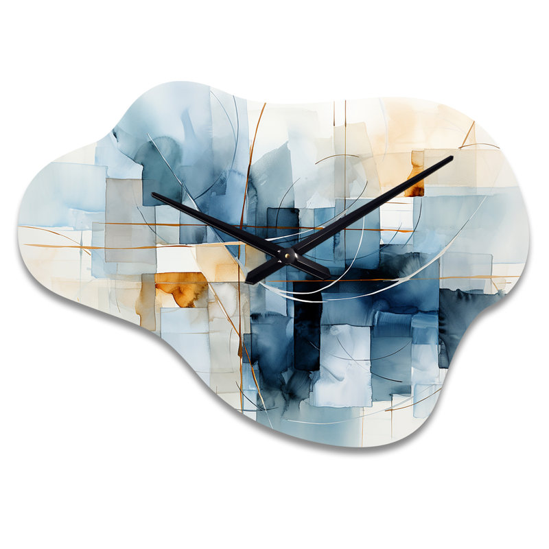 «Blue Grey Line Art Abstract Geometrics II», reproduction d'art horloge murale en métal asymétrique, Grand