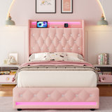 Upholstered Storage Kids Bed With LED Lights And 4 Drawers