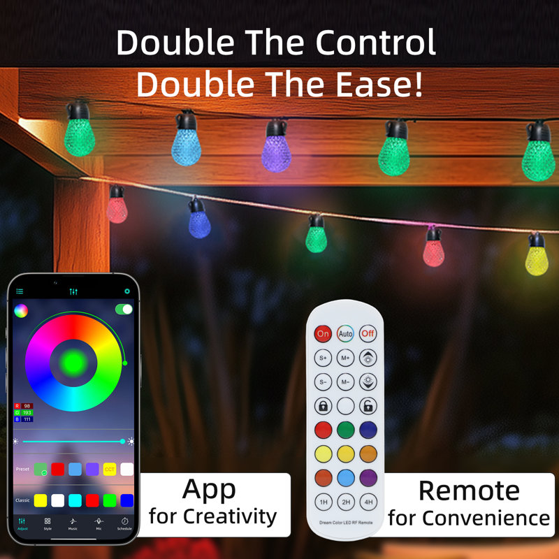 2 Pack, Smart 49ft Plug-in Outdoor LED String Lights, App & Remote Control, 15 RGBW Bulbs, Music Sync