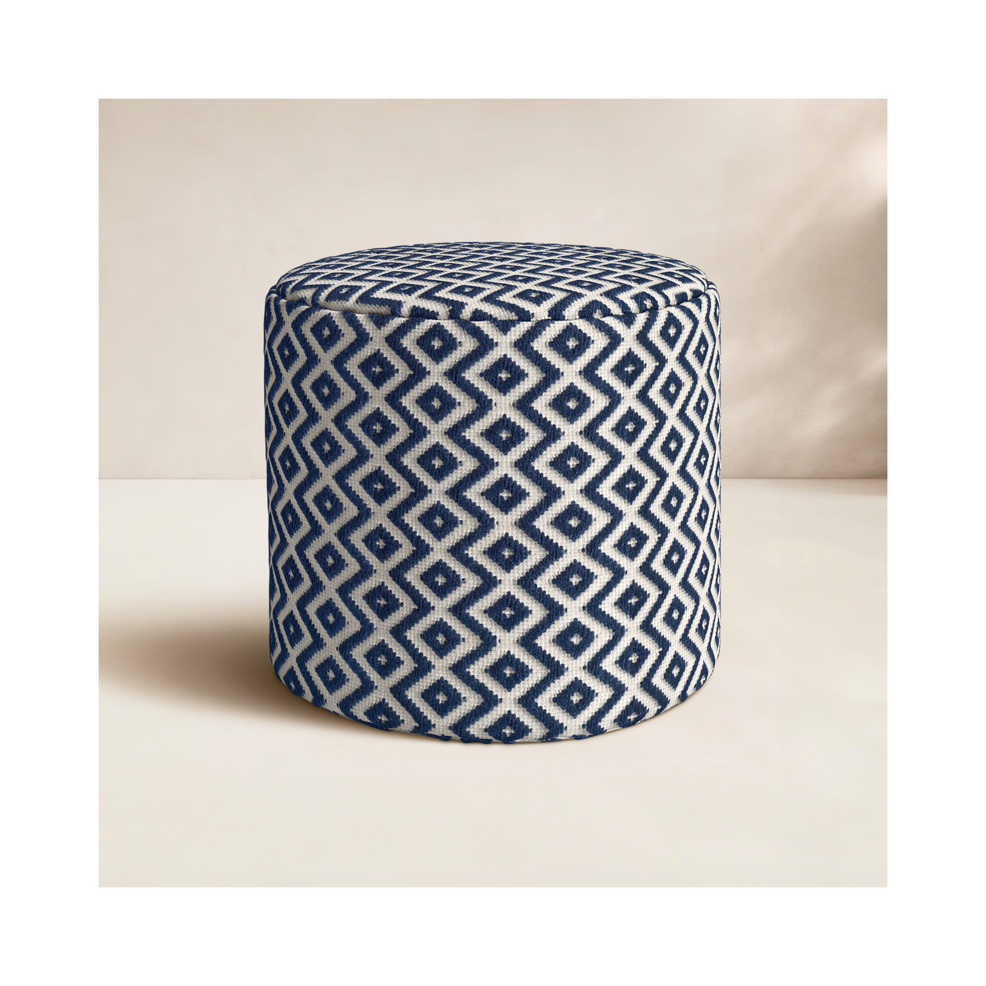Destina Round Upholstered Outdoor Ottoman, Navy/Ivory Polyester
