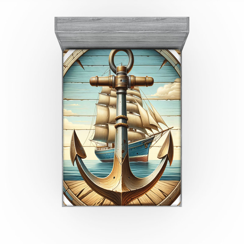 Drap-housse nautique Ambesonne_ Ancre maritime rétro_ Brun pâle et bleu doux, Drap-housse grand