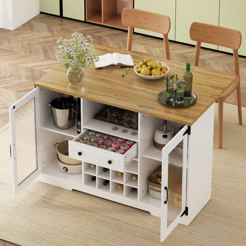 Buffet en bois avec plateau rabattable, porte-bouteilles, portes, tiroir, éclairage DEL et tablettes réglables, Natural White