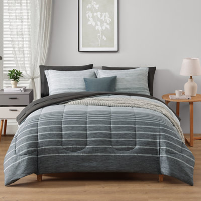 Monbix King Size Comforter Set - 7 Pieces Bed in a Bag King, Grey-Stripe Bedding Sets, All Seasons Comforter Bed Set with Sheets, Pillowcases & Shams