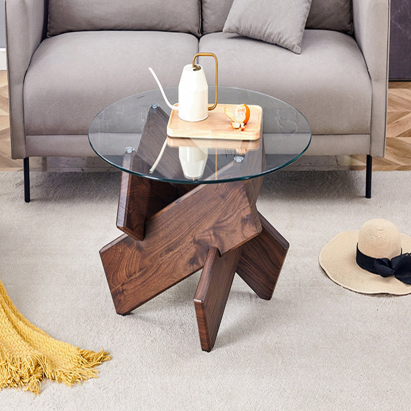 33.4" Round Glass Coffee Table – Tempered Glass Top + Walnut Finish MDF Geometric Legs