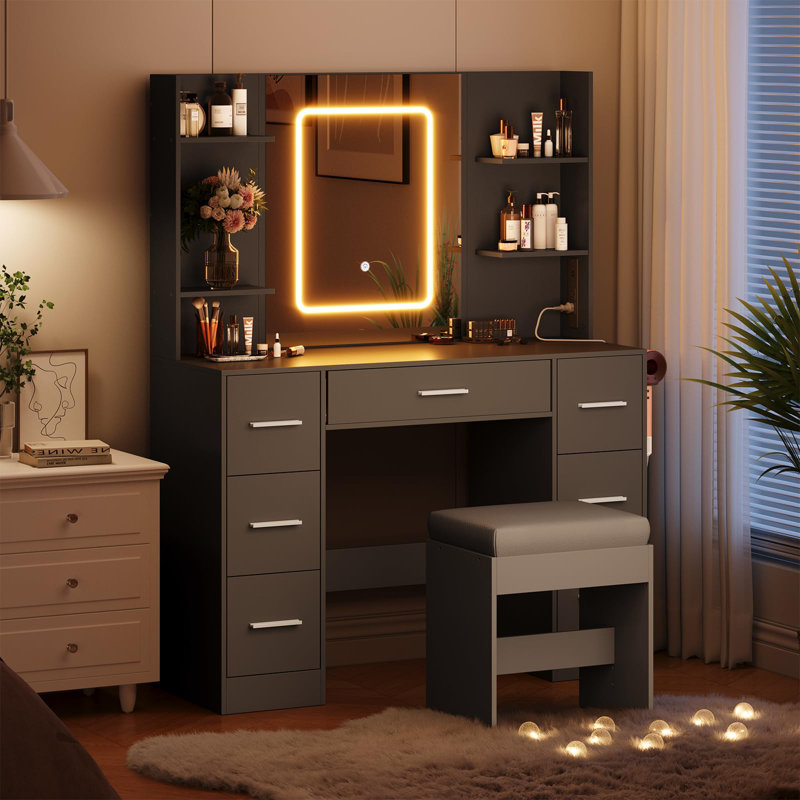 Meuble-lavabo noir avec miroir et lumières DEL à 7 tiroirs avec prise de courant USB et séchoir à cheveux