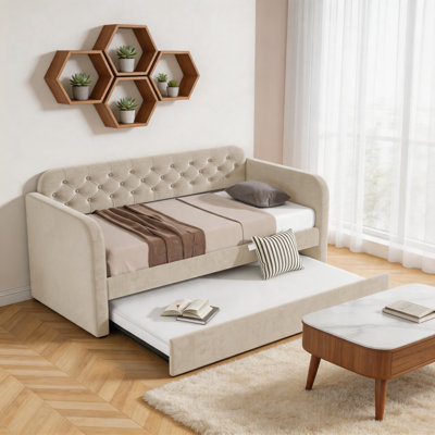 Beige Daybed With Roll-Out Trundle With Power Outlet And Usb Charging Design