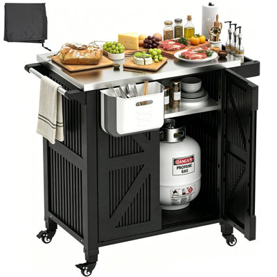 Chariot de barbecue d'extérieur avec rangement intégré, table de barbecue portable avec plateau en acier inoxydable, chariot de bar à roulettes, station de préparation barbecue portable avec porte-épices et housse imperméable, noir