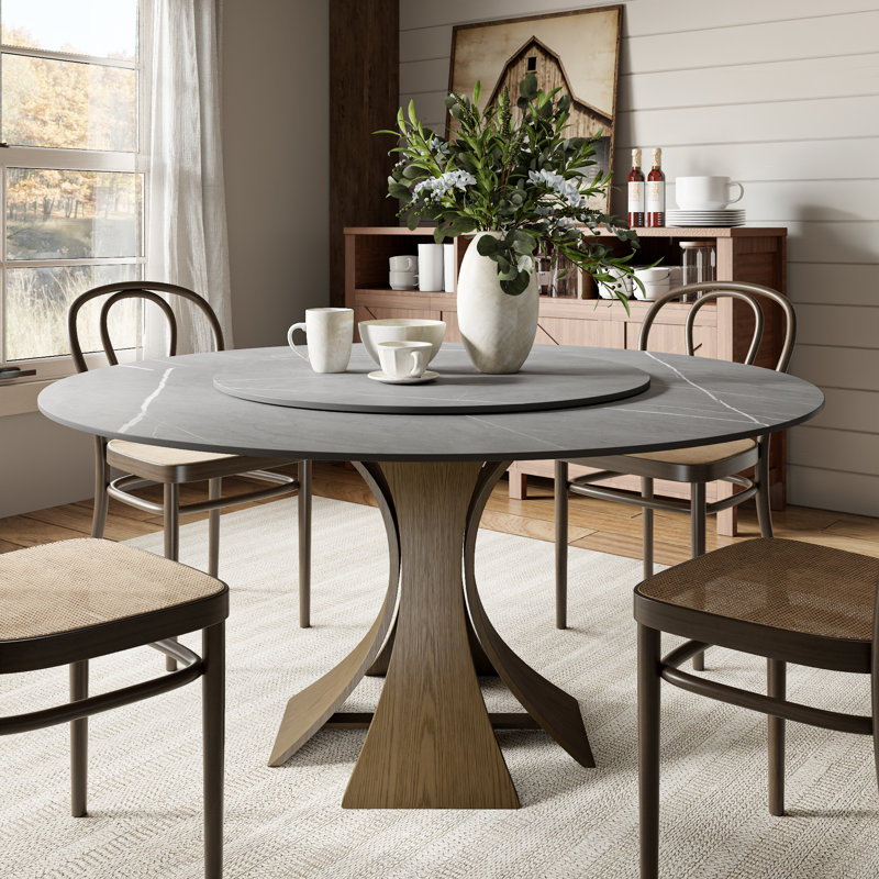 Aversa Modern Round Dining Table, Sintered Stone & Travertine Top With Lazy Susan, Farmhouse Kitchen Table For Dining Room