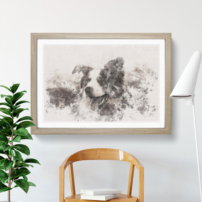 Border Collie Dog in a Meadow - Picture Frame Graphic Art Print, 36cm H x 48cm W x 2cm D, Oak Framed