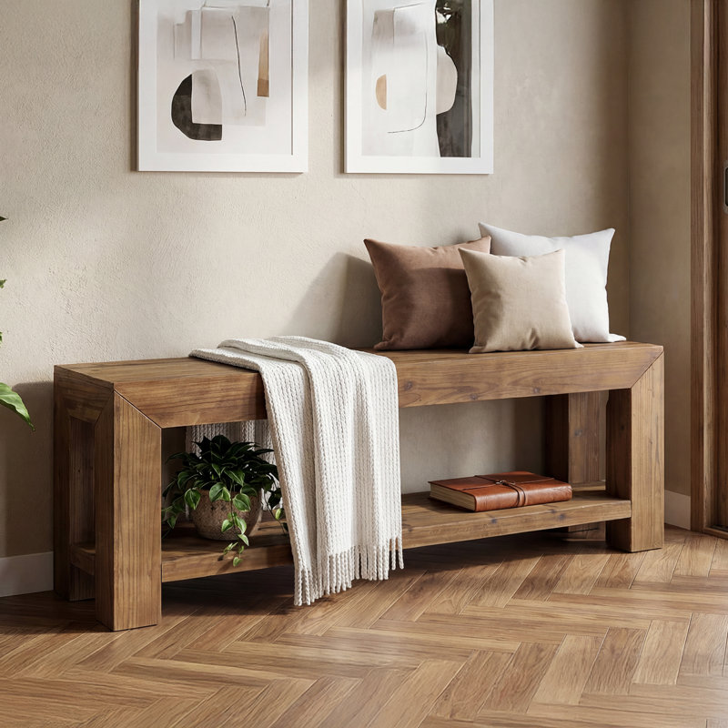 Upholstered Bench with Shelves
