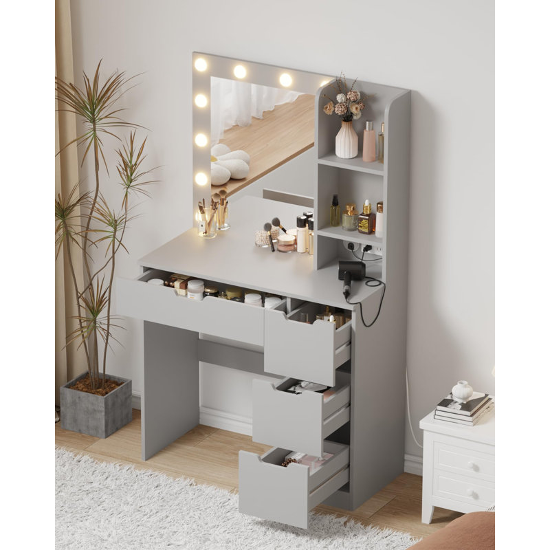 Makeup Vanity Desk with Mirror and Lights, 35 Inch Makeup Table with 4 Drawers and Built-in Power Strip, 3 Model Light Adjustable Dressing Table