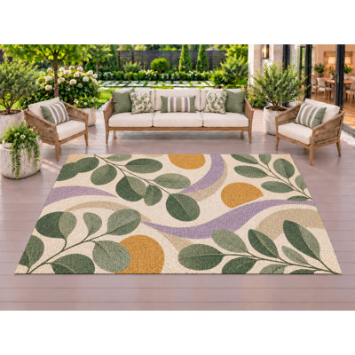 Tapis d'extérieur 5' x 7' à motifs de feuilles vertes et de vagues violettes, épais, solide et imperméable, en PVC bouclé, tapis de patio résistant, tapis d'intérieur/extérieur à séchage rapide pour porche, terrasse, balcon, entrée, camping-car.