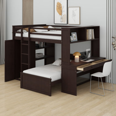 Loft Bed With A Stand-Alone Bed,Shelves,Desk,And Wardrobe