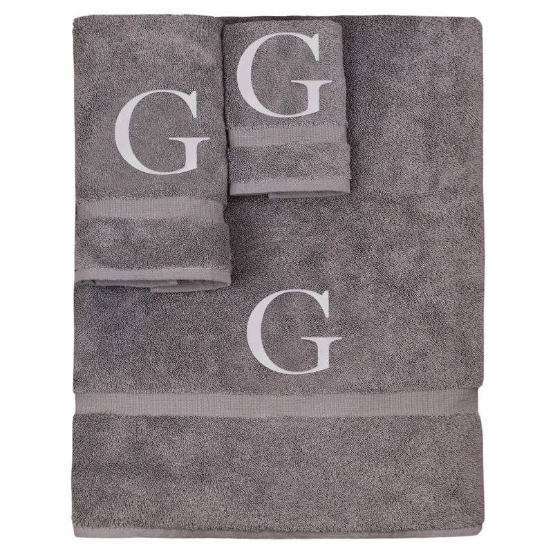 Ensemble de serviettes monogrammées - ensemble de 3 - lettre-bloc, G, Gris / Argent