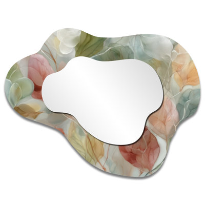 Minimalist Asymmetrical Wall Mirror – Soft Leaves in Hazy Watercolor, Metal Print